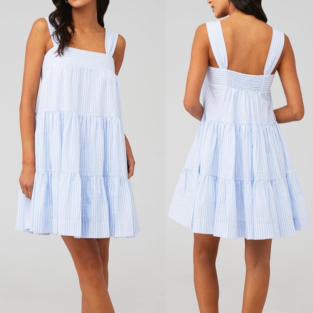 MINKPINK Milani Seersucker Striped Tiered Mini Dress Cotton Sz L